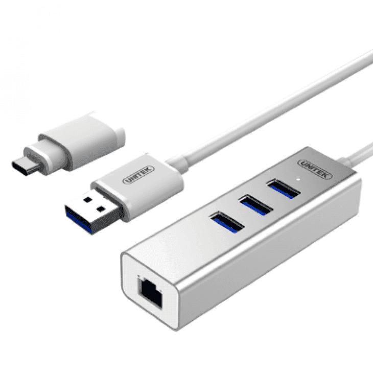 Unitek USB 3.0 3-Port Aluminum HUB + Gigabit Ethernet (with Type-C adapter)